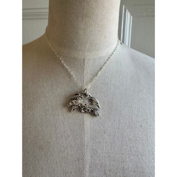 Crow Sterling Silver Clay Pendant Lab White CZ Hand Stamped Sterling 925 Chain - Picture 4 of 10